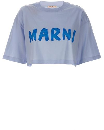 Marni Logo Print Cropped T Shirt Celeste - Blu