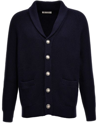 Brunello Cucinelli Logo Buttons Cardigan Sweater, Cardigans - Blue