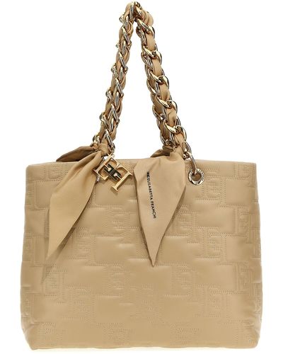 Elisabetta Franchi Logo Quilted Large Shopping Bag - Natural