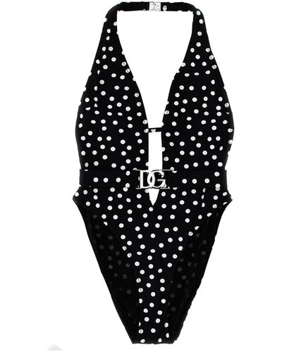 Dolce & Gabbana Logo Polka Dot One-Piece Swimsuit Beachwear Bianco/Nero