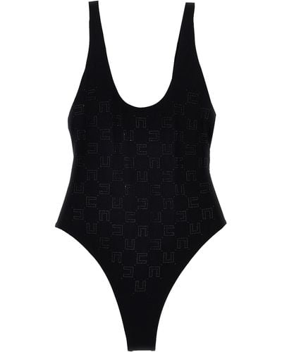 Elisabetta Franchi Rhinestone Logo One-Piece Swimsuit Beachwear Nero