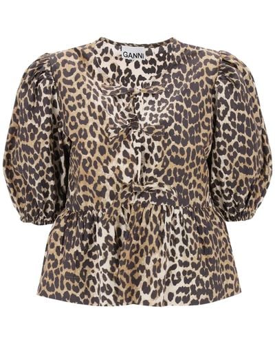 Ganni Blusa Peplo In Popeline Leopardato - Multicolor