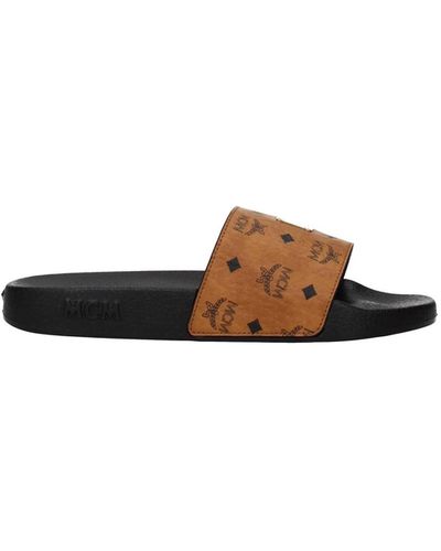 MCM Slippers And Clogs Leather Brown Cognac - White