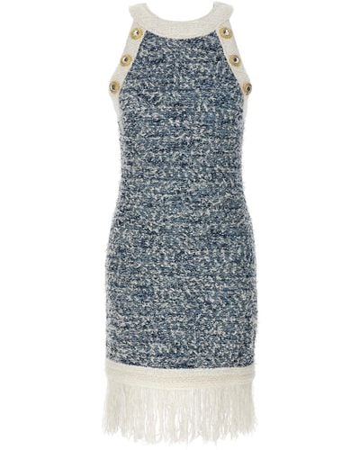 Balmain Fringed Bouclé Tweed Mini Dress - Blue