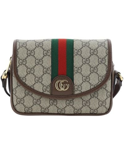 Gucci Gg Supreme Fabric And Leather Shoulder Bag With Frontal Web Band - Gray