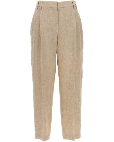 Brunello Cucinelli With Striped Front Pleats Pantaloni Beige - Neutro