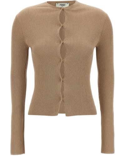 Fendi Ribbed Cardigan Sweater, Cardigans - Natural