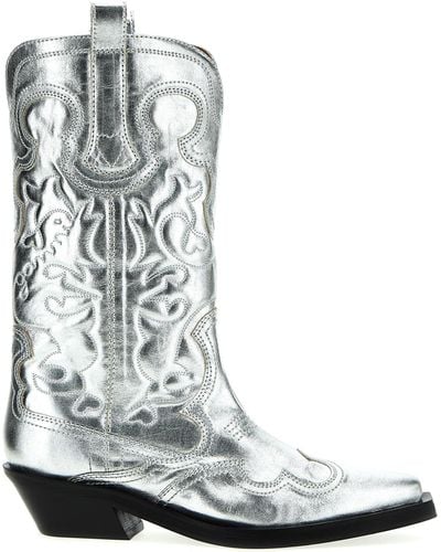 Ganni Mid Shaft Embroidered Western Boots, Ankle Boots - White