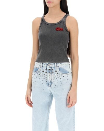 Alessandra Rich Ribbed Tank Top With Logo Patch - Blue