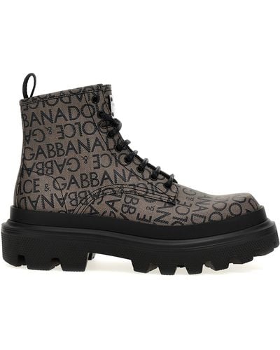 Dolce & Gabbana Jacquard Logo Combat Boots Stivali E Stivaletti Grigio - Nero
