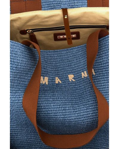 Marni Large Shopping Bag With Logo Embroidery Tote Celeste - Blu