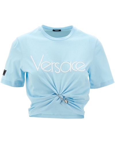 Versace Logo Crop T Shirt Celeste - Blu