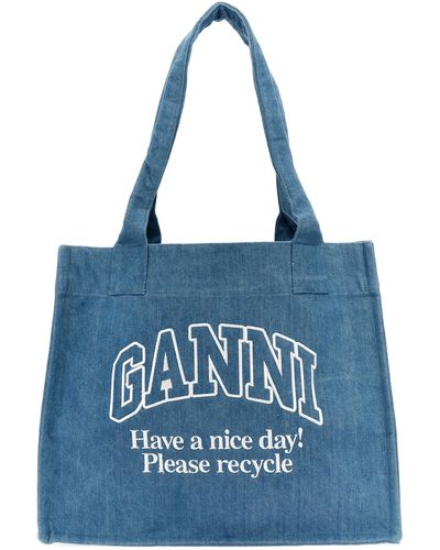 Ganni Logo Embroidery Denim Shopping Bag Tote Bag - Blue