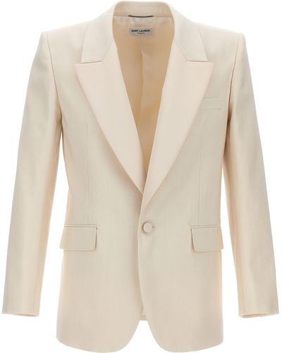 Saint Laurent Silk Single Breast Blazer Jacket Jackets - Natural