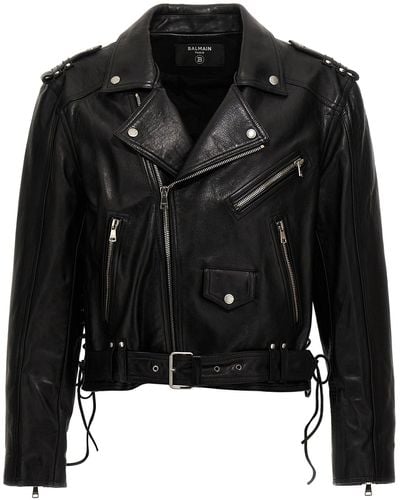 Balmain Leather Biker Jacket Casual Jackets, Parka - Black