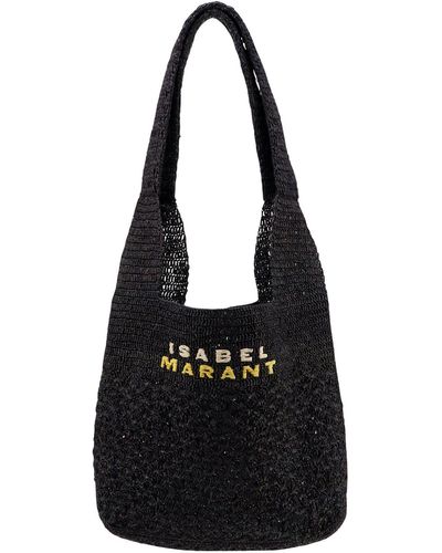 Isabel Marant Raffia Shoulder Bag With Embroidered Logo - Black