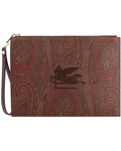 Etro Clutch in tela spalmata con motivo paisley e iconico Pegaso - Marrone