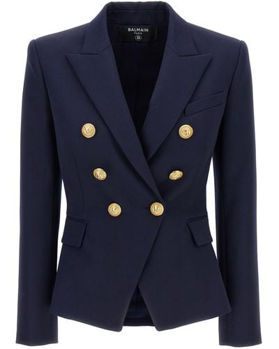 Balmain Double-Breasted Blazer With Logo Buttons Blazer And Suits - Blue
