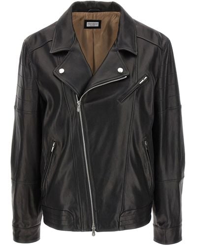 Brunello Cucinelli Leather Biker Jacket Casual Jackets, Parka - Black