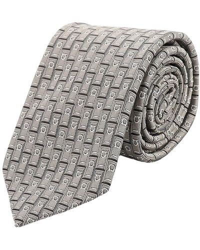 Ferragamo Silk Tie With Gancini Motif - Grey