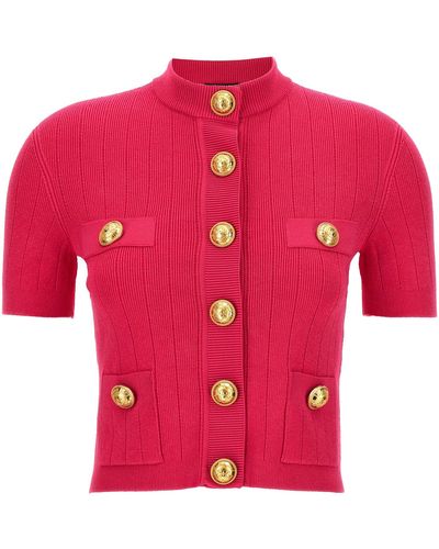 Balmain Logo Buttons Cardigan Sweater, Cardigans - Red