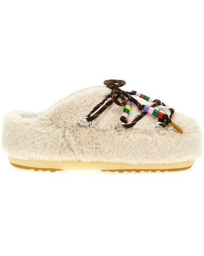 Moon Boot Faux-fur Beads Flat Shoes - Natural