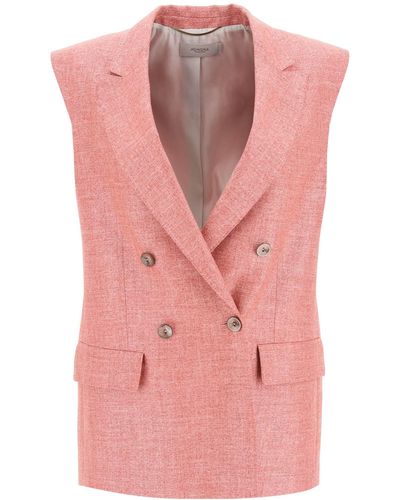 Agnona Double-breasted Vest In Silk*** Linen And Wool - Pink