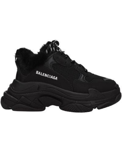 Balenciaga Triple S Faux Fur-lined Logo-embroidered Faux Leather And Mesh Sneakers - Black