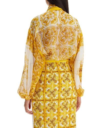 Dolce & Gabbana Blusa Aperta In Chiffon Stampa Maiolica - Yellow