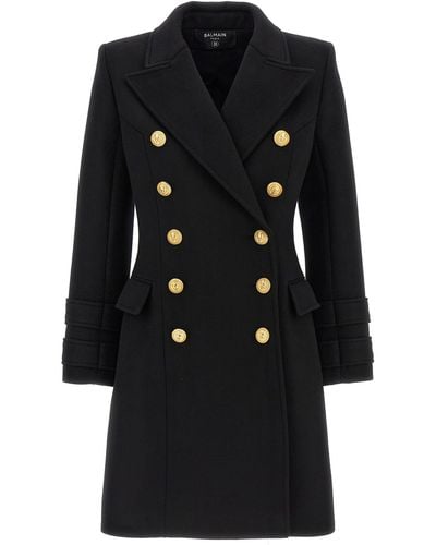 Balmain Double-Breasted Coat With Logo Buttons Coats, Trench Coats - Black