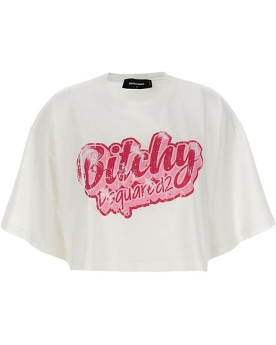 DSquared² Logo Print Cropped T Shirt Bianco - Rosa