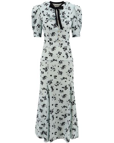 Alessandra Rich Silk Long Dress With Rose Print - White