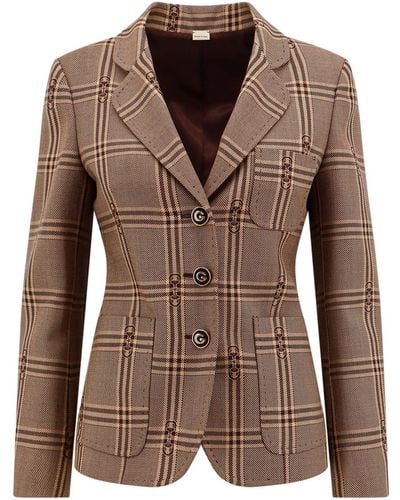 Gucci Single-breasted Checked Wool Blazer - Brown