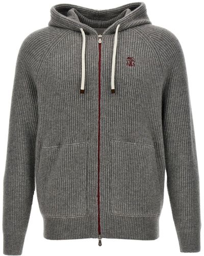 Brunello Cucinelli Logo Embroidered Hooded Cardigan Sweater, Cardigans - Gray