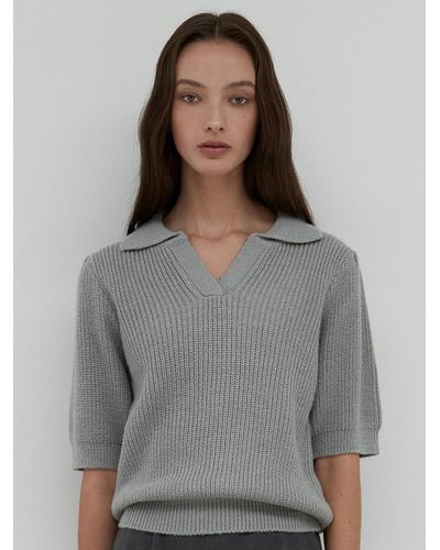 OUIE Wool Half-sleeve Puff Collar Knit - Grey