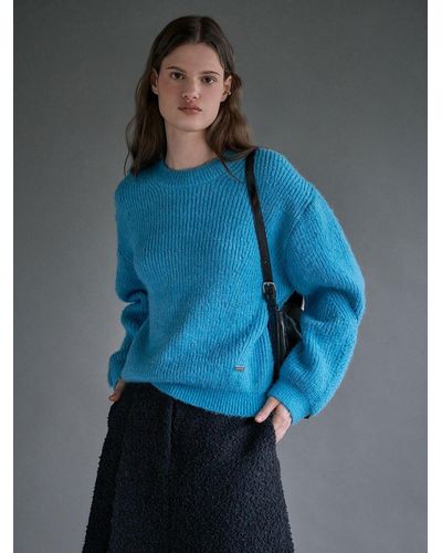 LOEUVRE Wool Blended Round Neck Knit Top - Blue