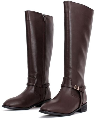 CESTI Strap Round Flat Long Boots - Brown