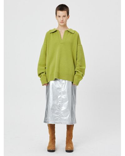 MOONSUN Glossy Foil Long Skirt - Green