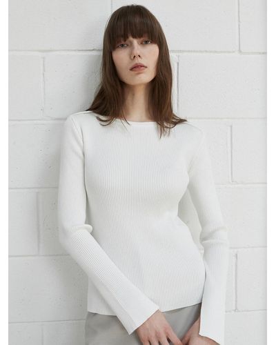 OUIE Ribbed Boatneck Knit Top - White