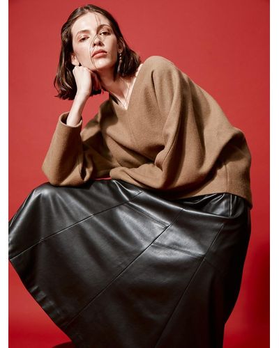 MOONSUN Contrast Pocket Leather Gored Long Skirt - Black
