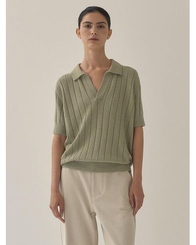 J'RIUM Cotton Boucle Half Collar Top - Green