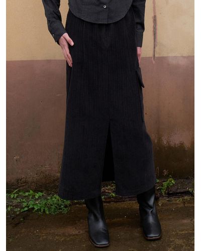 OUIE Wool Cargo Banding Long Skirt Ou1232 - Black