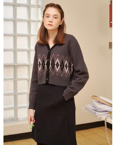 LETTER FROM MOON Preppy Argyle Wool Cardigan - Black