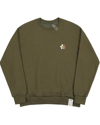 GRAVER [unisex] Flower Bear Smile Embroidered White Clip Sweatshirt - Green