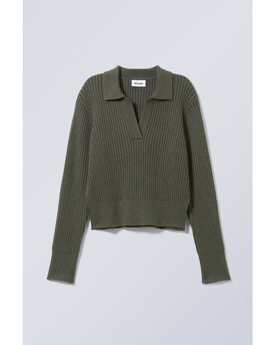 Weekday Gerippter Pullover Mit Pikeekragen Halima - Grün