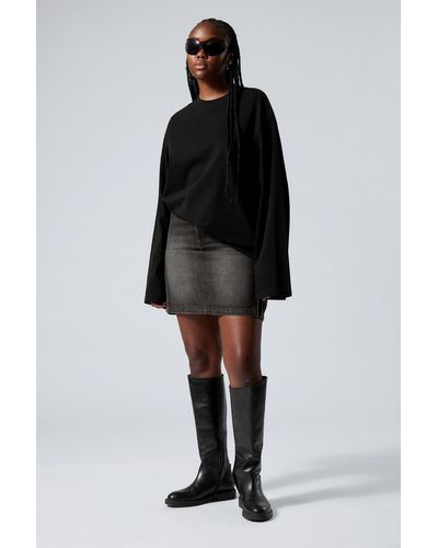 Weekday Piped Knee Length Denim Skirt - Black