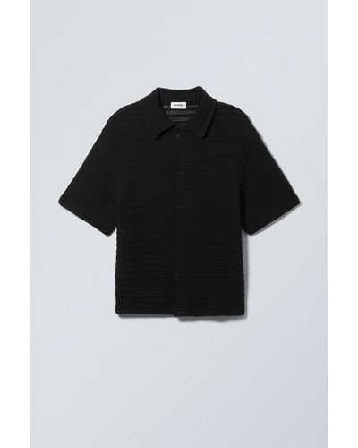 Weekday Boxy Crochet Short Sleeve Shirt - Black