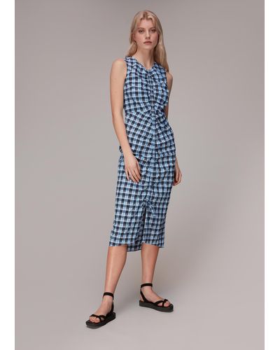Whistles Ruched Gingham Midi Dress - Blue