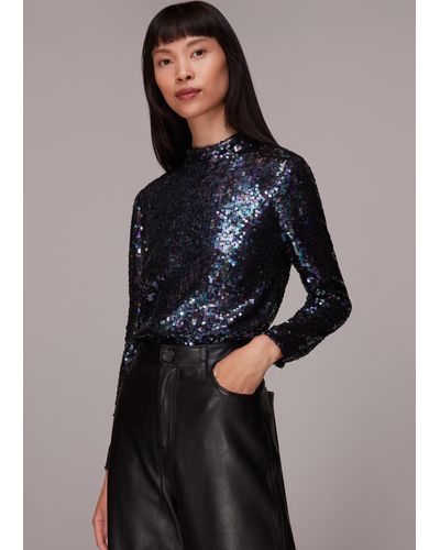 Whistles High Neck Sequin Top - Blue