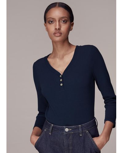 Whistles Paiton Ribbed Button Front Top - Blue